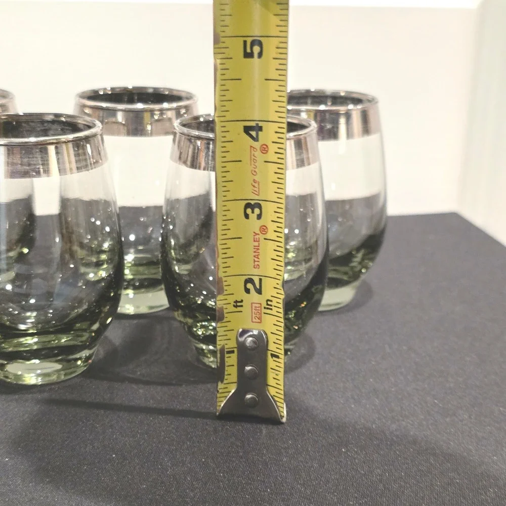 Vintage MCM Drinkware Smoke Green Barware Metallic Trim Retro Stemless‎ Set of 5